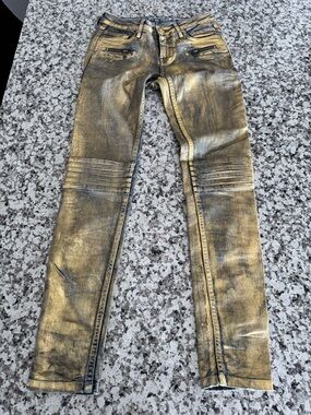 Robin's Jean Zipper Grungecore Painted Gold Jeans Size 26x30 Goddess
